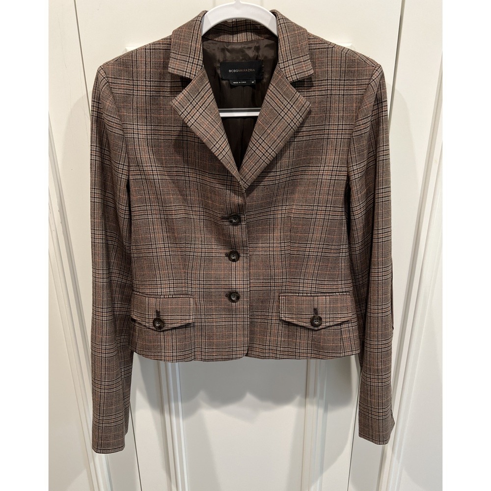 BCBGMaxazria Brown Glen Plaid Blazer Size Medium Wool Preppy Elbow Patches Crop‎